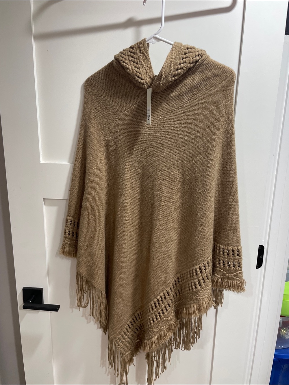 Francesca's Collections Camel Hooded Fringe Poncho